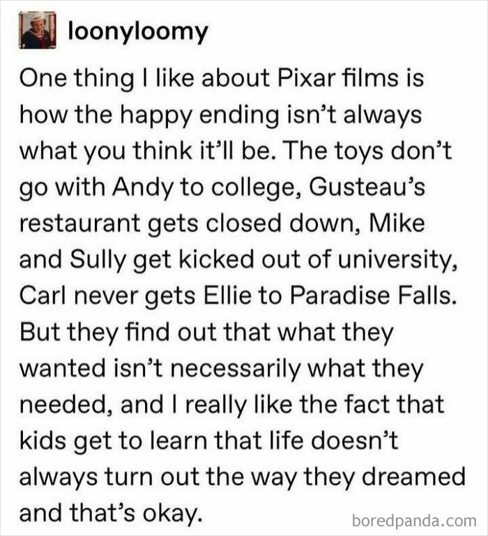 Text post discussing Pixar films and reflecting on life's outcomes through their stories on social justice themes.