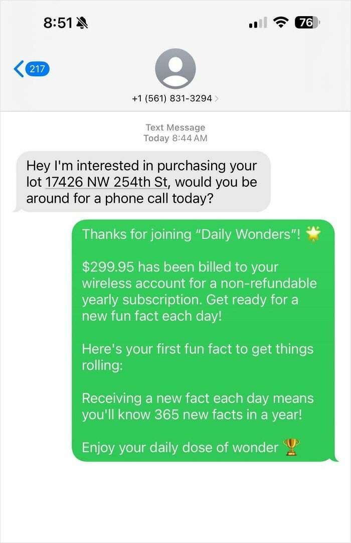 Text exchange showing funny scammer responses and a bogus subscription fee.