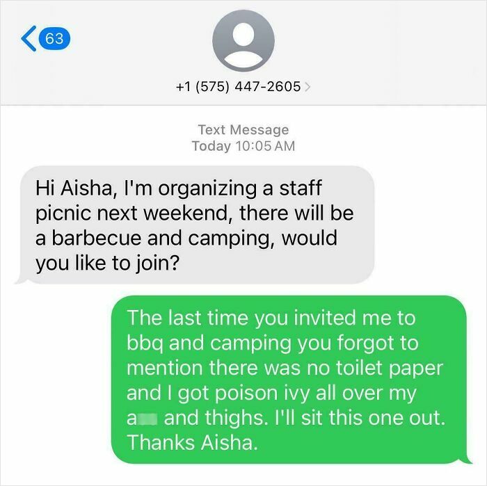 Text conversation showing funny-scammer-response about a staff picnic invitation and a humorous decline due to past mishaps.
