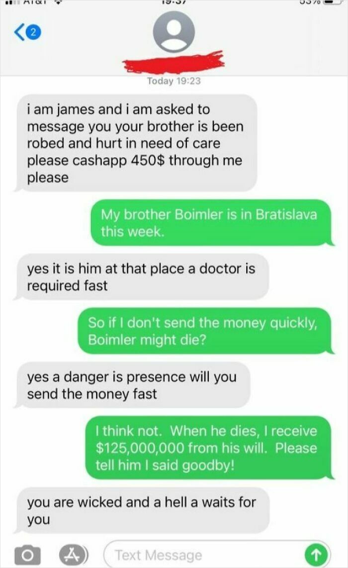 Text message exchange with humorous remarks to a scammer, showcasing funny responses.