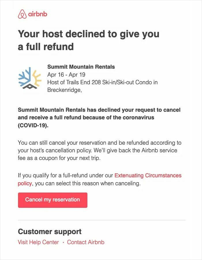 Airbnb email stating host declined full refund for cancelled reservations due to coronavirus policy.