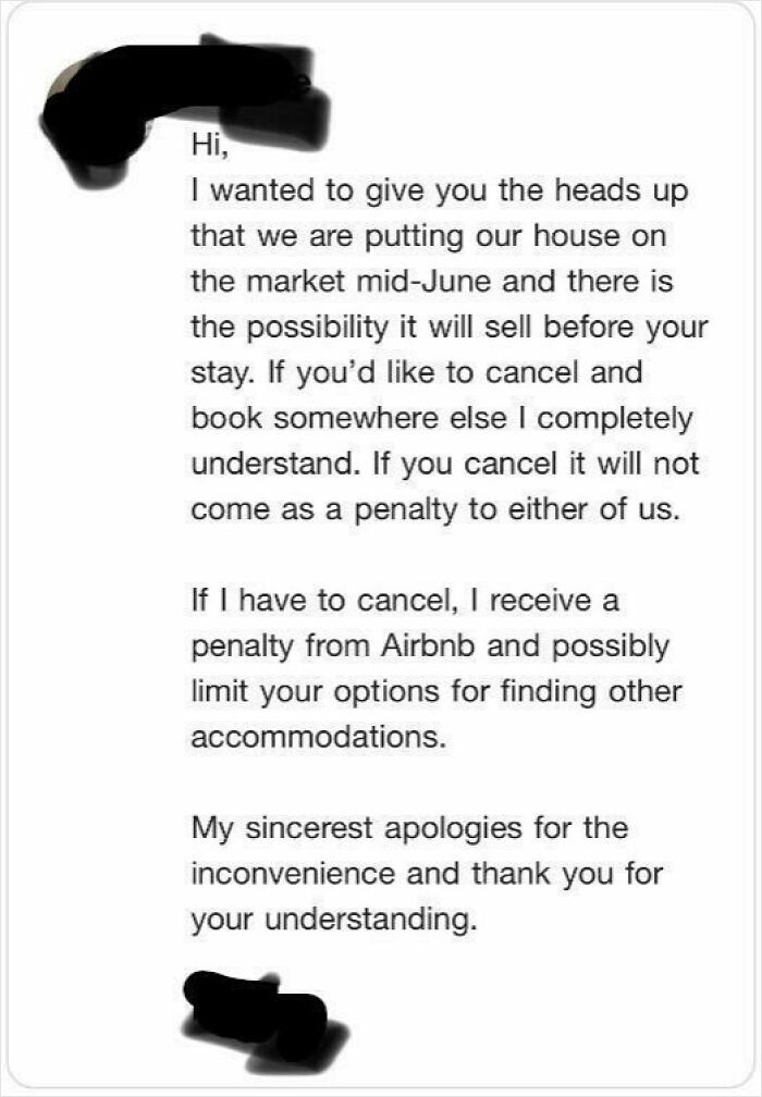 Text screenshot about cancelled reservations due to property being sold, with apologies for the inconvenience.