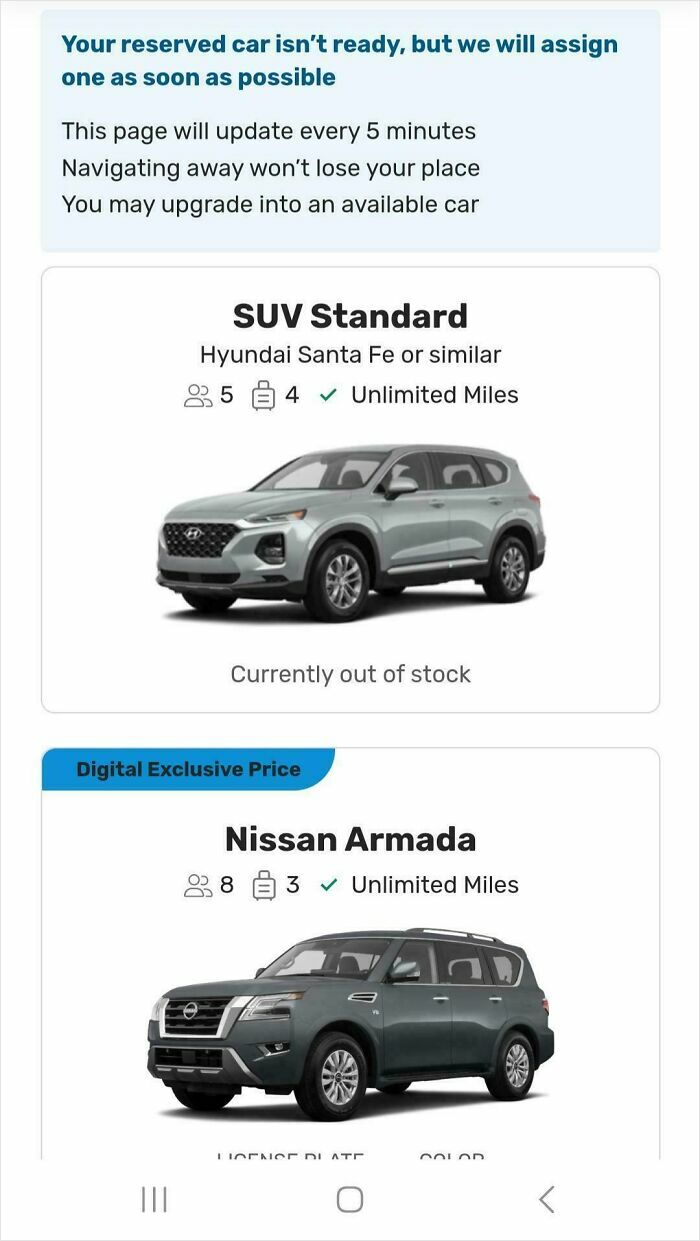 Thrifty Car Rental page showing infuriating cancelled reservations with reserved SUV not ready.