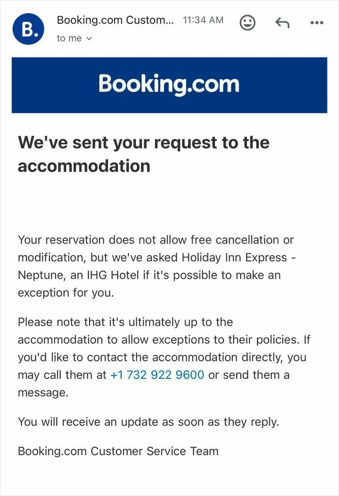 Email from Booking.com about reservation request amid infuriating cancelled reservations policy issues.
