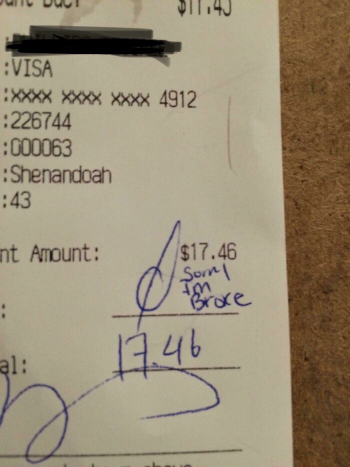 Receipt with handwritten note "Sorry, I'm broke" next to the tip line; an example of mildly infuriating server tips.