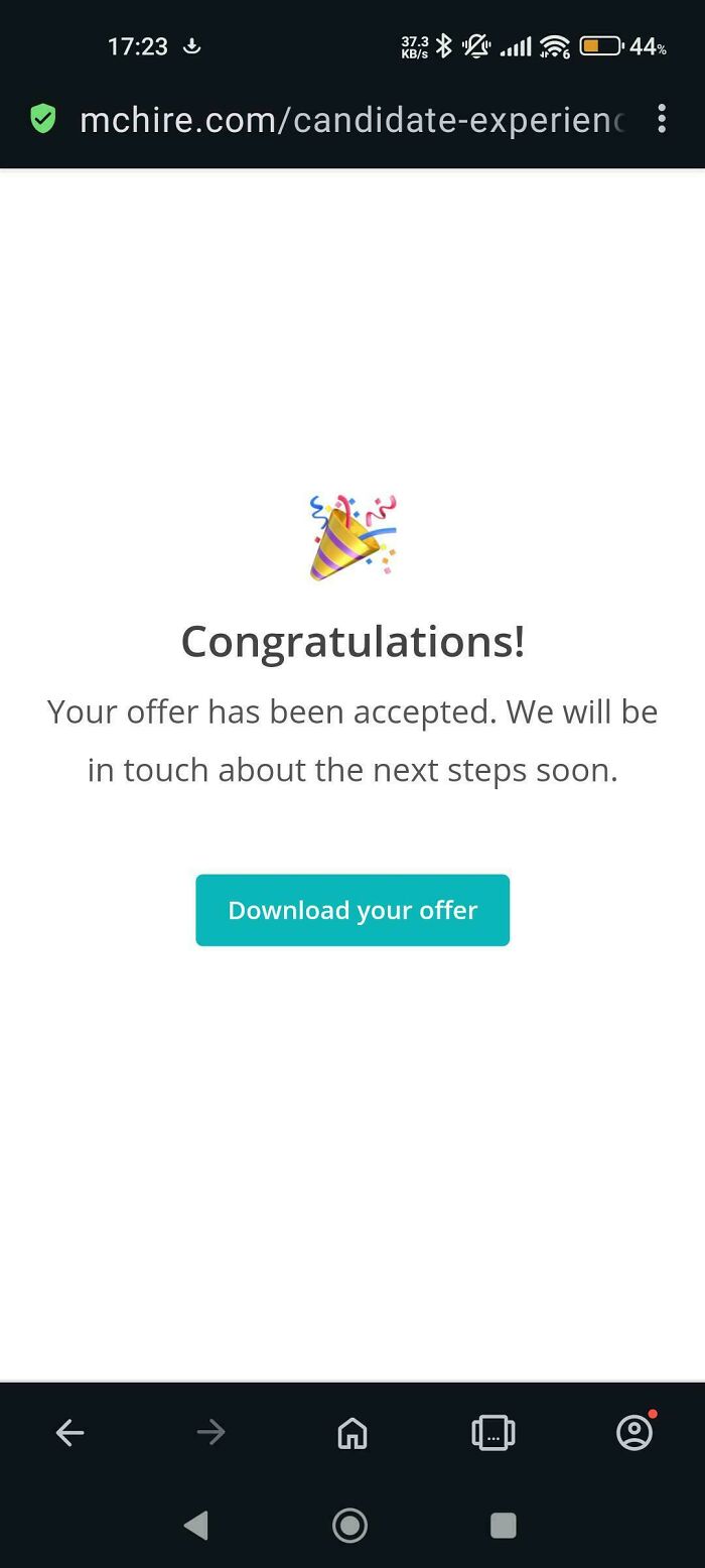 Job offer accepted message on mobile screen with option to download offer, relating to outrageous job requirements.