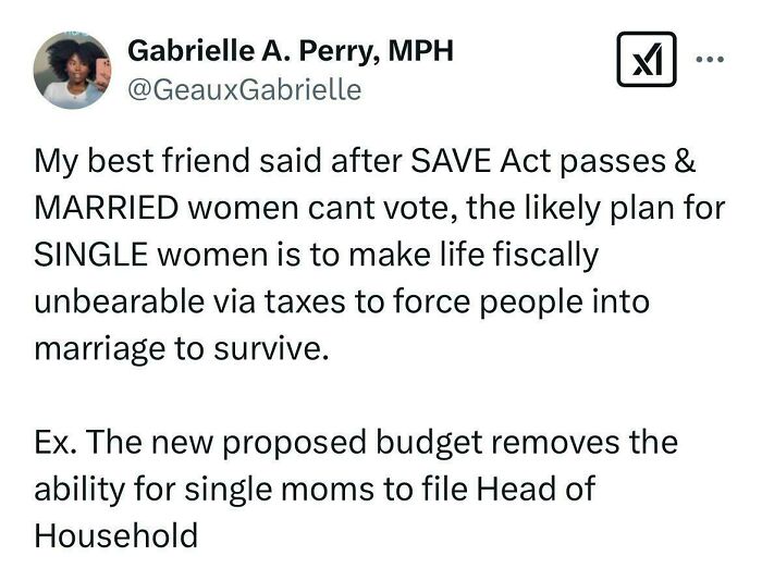 Tweet discussing facepalm moments about potential legislative impacts on women, highlighting tax changes for single moms.