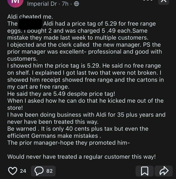 Screenshot of a wild post from an app dedicated to neighbors sharing a customer complaint about Aldi pricing dispute.