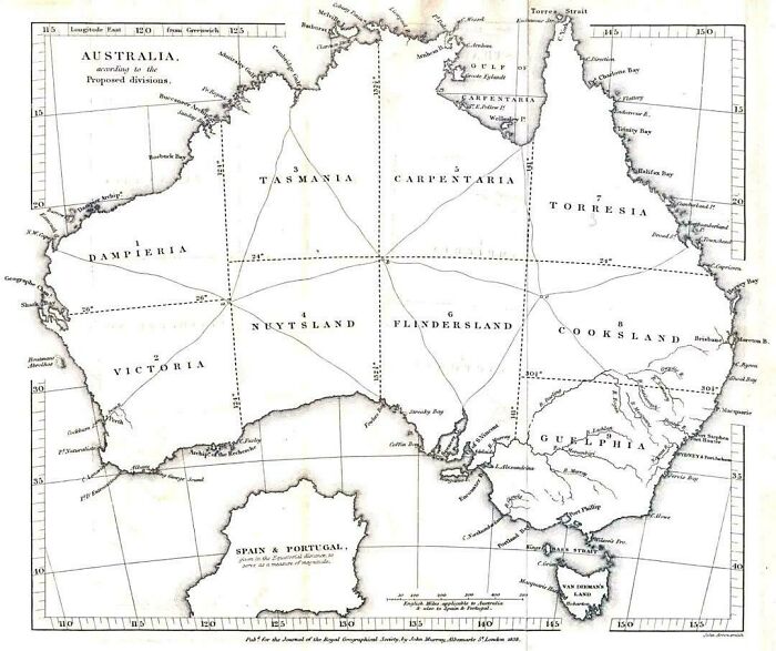 Old map showing Australia with proposed divisions, illustrating a unique historical perspective of the land.