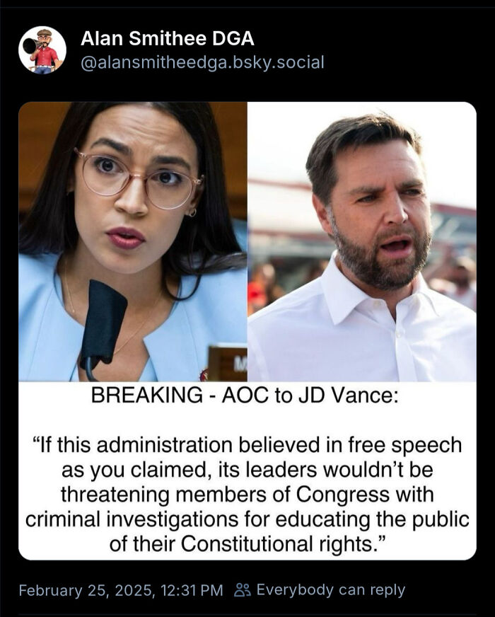 AOC responding to JD Vance in a tweet criticizing threats against Congress members for exercising free speech rights.