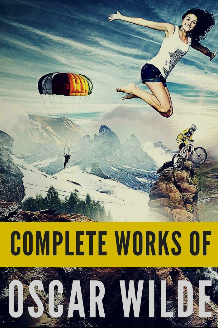 Terrible book cover of "Complete Works of Oscar Wilde" featuring a woman jumping and mountain scenery.