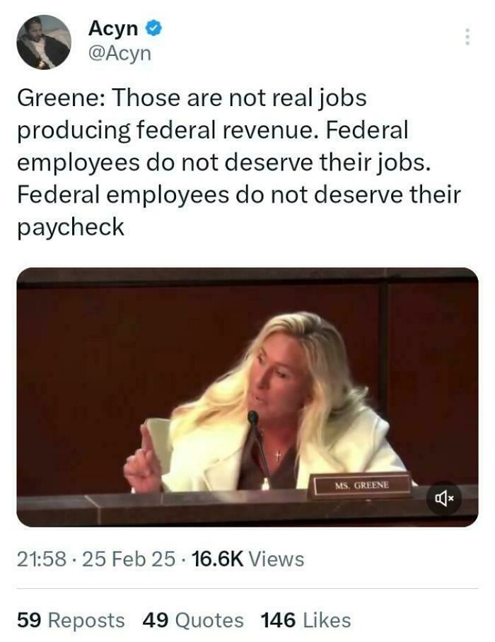 Woman in a white blazer, identified as Ms. Greene, speaking at a conference, captured in a tweet screenshot with comments.