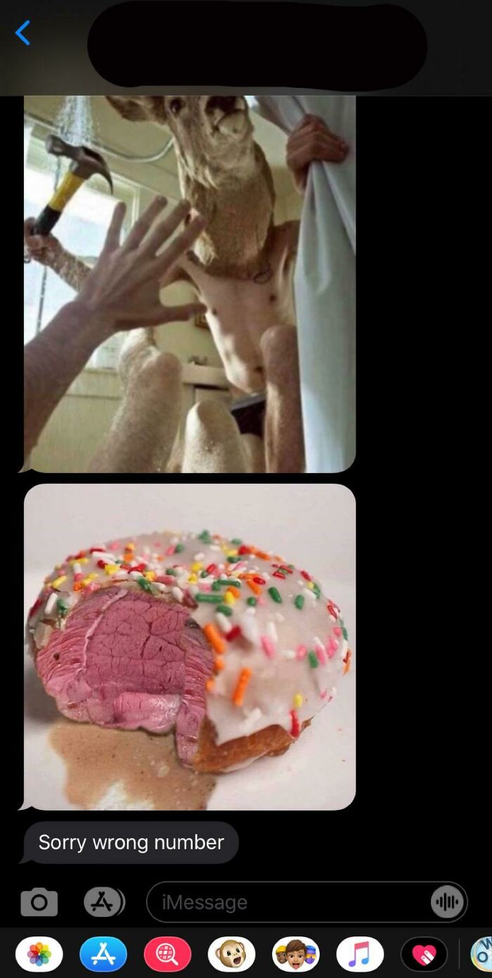 Funny messages with wrong recipient; deer head with hammer and meat-filled donut.