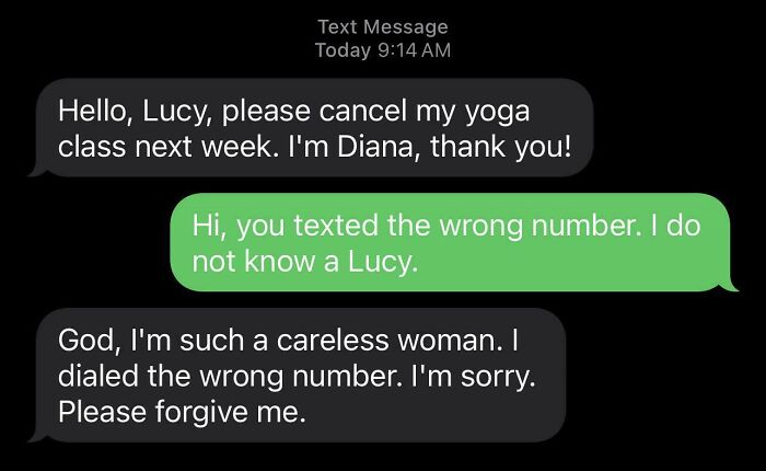 Text conversation with funny messages sent to the wrong recipient, including apology for mistaken identity.