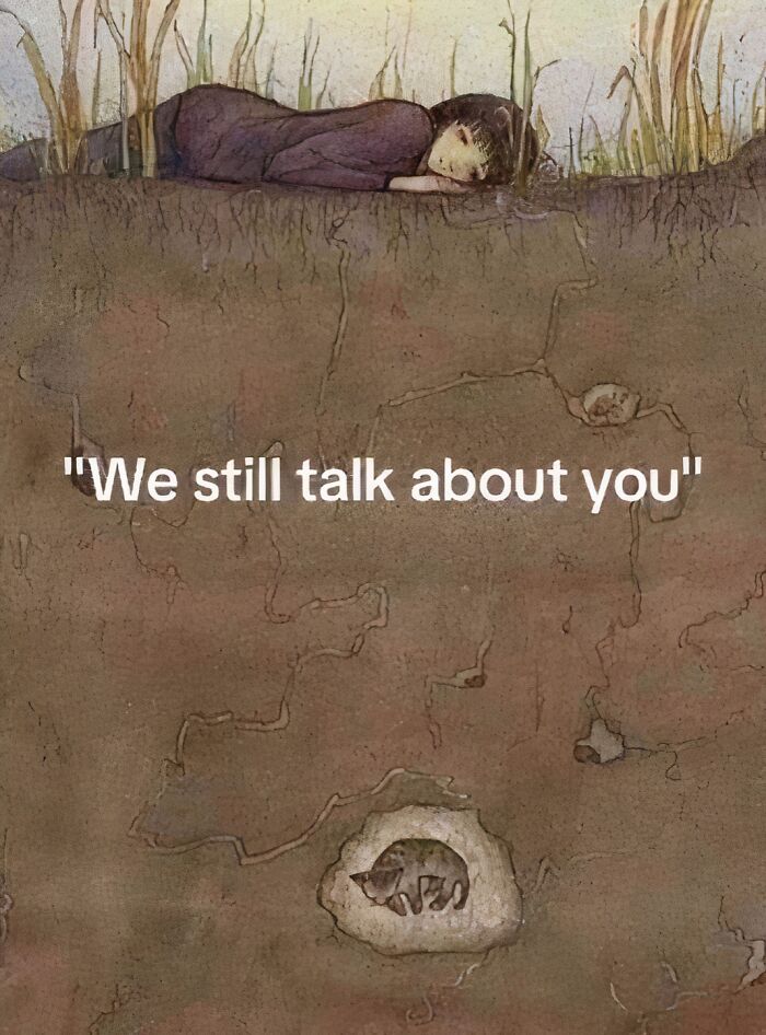 Illustration of a person lying on the ground seeing a small animal with text "We still talk about you," evoking positivity.