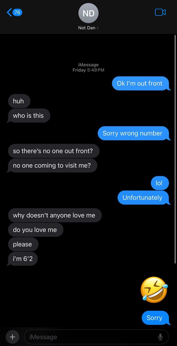 Text message conversation with funny-messages sent to wrong recipient, including emojis.