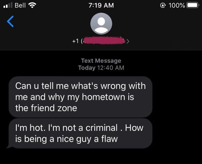 Text message screenshot humorously sent to the wrong recipient, discussing the friend zone.