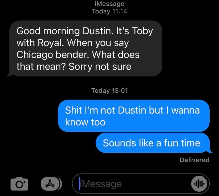 Text exchange showing funny messages sent to the wrong recipient.