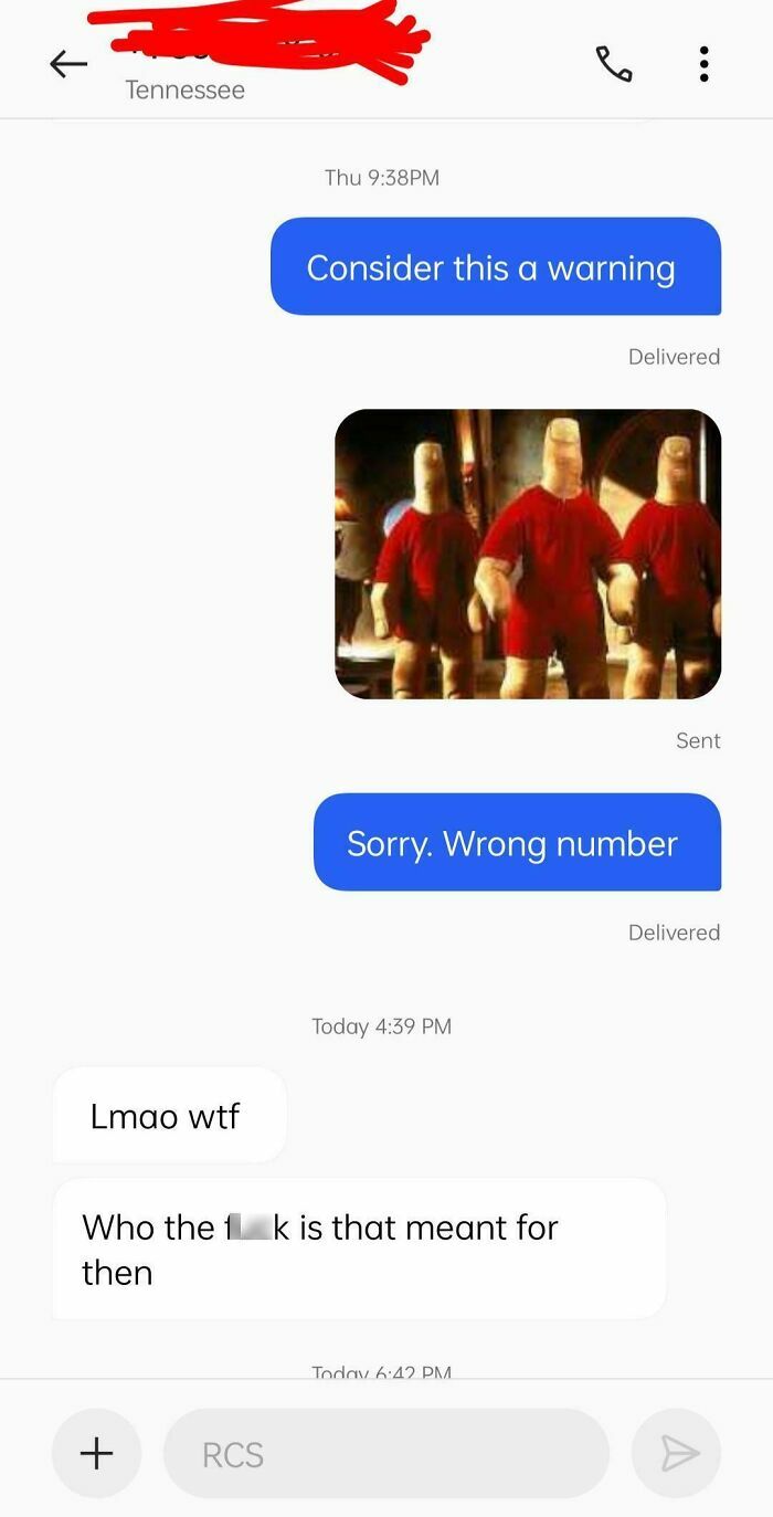 Text message exchange showing a funny mix-up with the wrong recipient including humorous images.