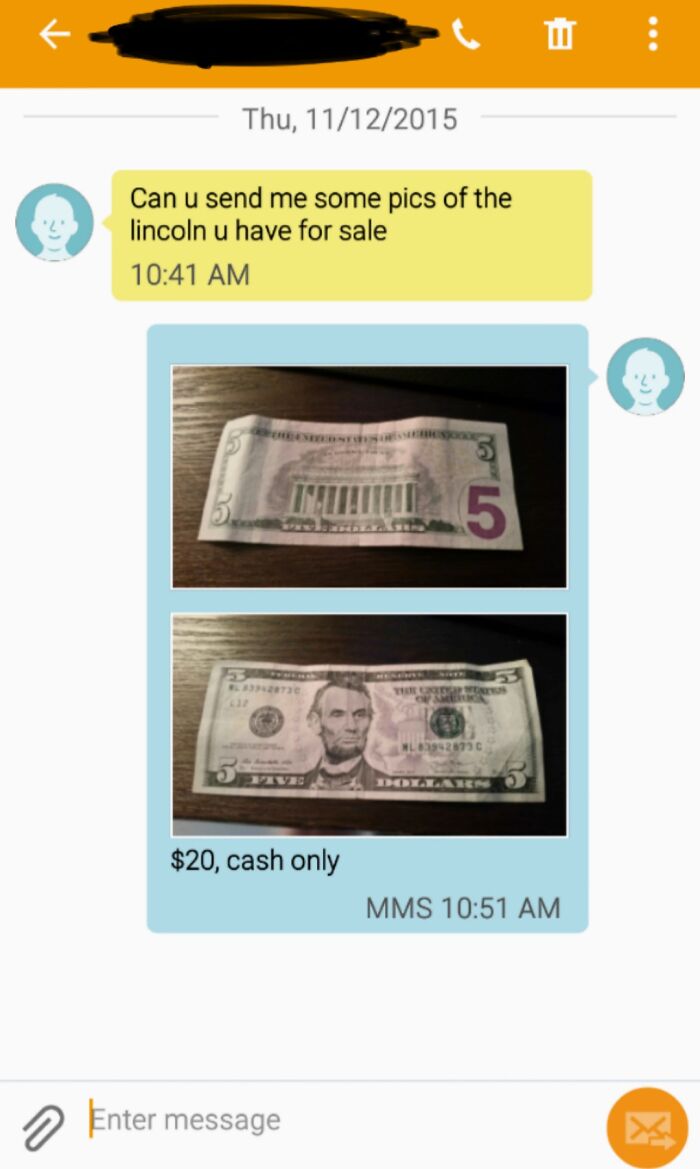 Wrong recipient message with $5 bill, responding to a request for Lincoln car photos.