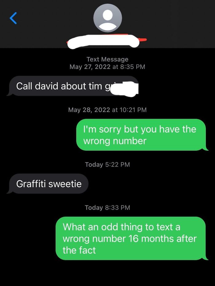 Text message exchange humorously discussing a wrong recipient mistake.