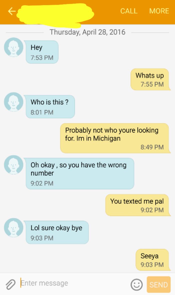 Text conversation with funny messages to the wrong recipient, discussing wrong number confusion.