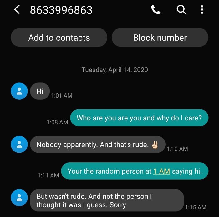 Text exchange humorously shows messages sent to the wrong recipient.