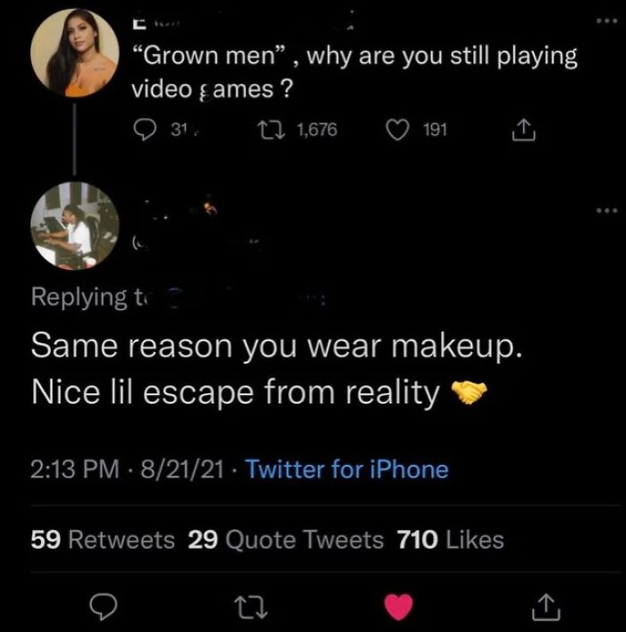 Tweet conversation with a clever comeback about makeup and video games.