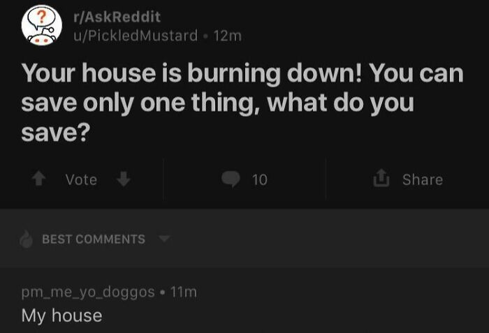 Reddit post showcasing hilarious clever comeback to question about saving something in a house fire.