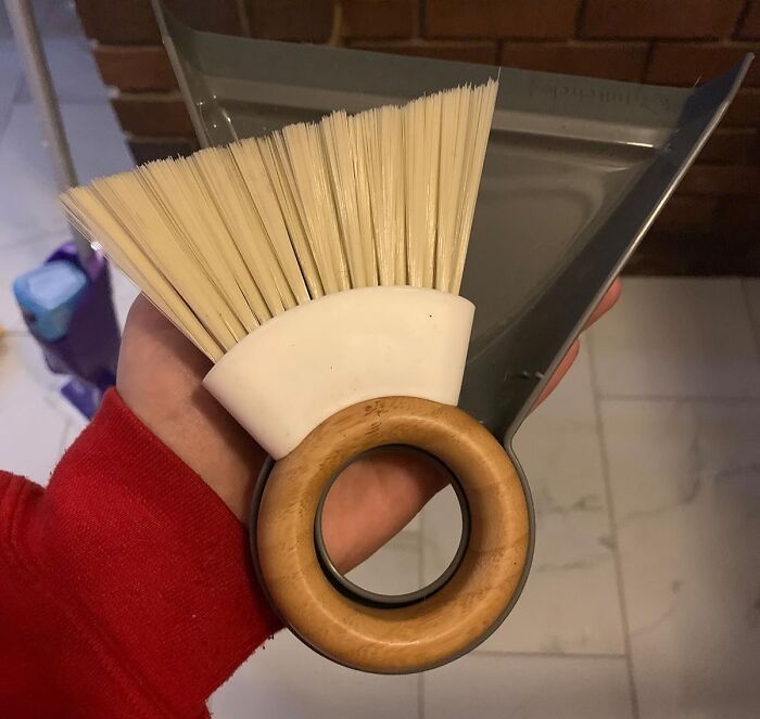 Hand holding a small brush and dustpan, an essential tool for indoor gardening cleanup.