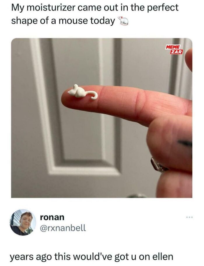 Finger displaying moisturizer shaped like a mouse with a hilarious clever comeback tweet about going on Ellen.
