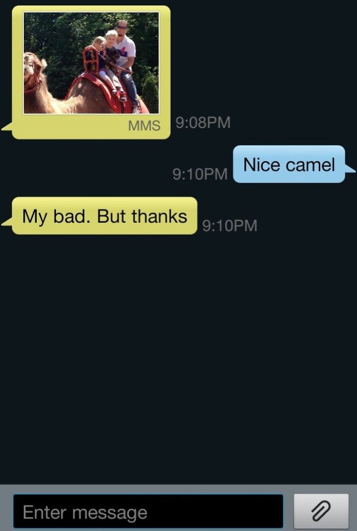 Text conversation with a funny message sent to the wrong recipient, featuring a camel photo.