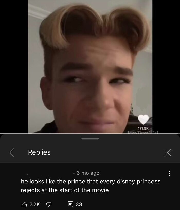 Person smirking with text overlay reading a clever comeback about a Disney prince, showing humor.