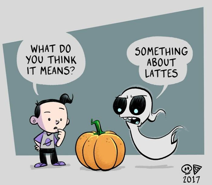 Child and ghost discuss pumpkin's meaning in a humorous Skull Pizza comic.