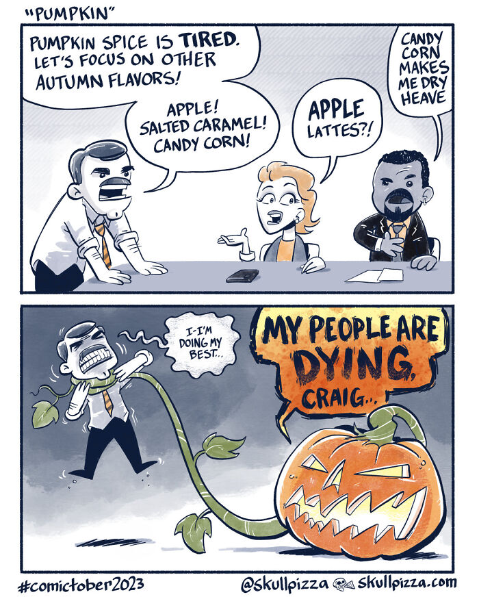 Comic strip from Skull Pizza humorously depicting a business meeting about autumn flavors, featuring a talking pumpkin.