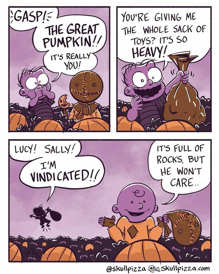 Comic featuring a humorous twist on the Great Pumpkin tale, with characters in a pumpkin patch.