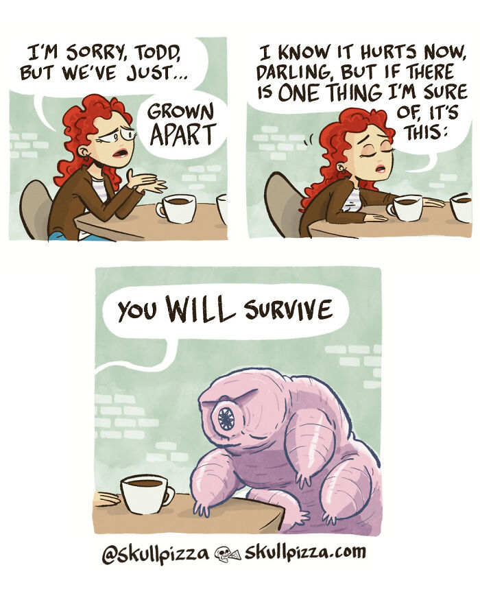 Comic strip featuring a humorous yet creepy scene with a character, from Skull Pizza Comics.