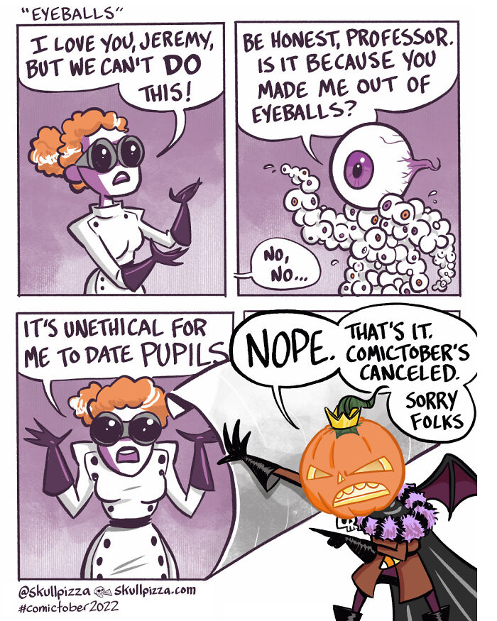 Comic "Eyeballs" by Skull Pizza featuring a humorous exchange between a professor and an eyeball character.