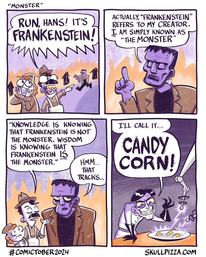 Comic strip featuring a humorous take on Frankenstein with "Skull Pizza" style blending humor and horror elements.