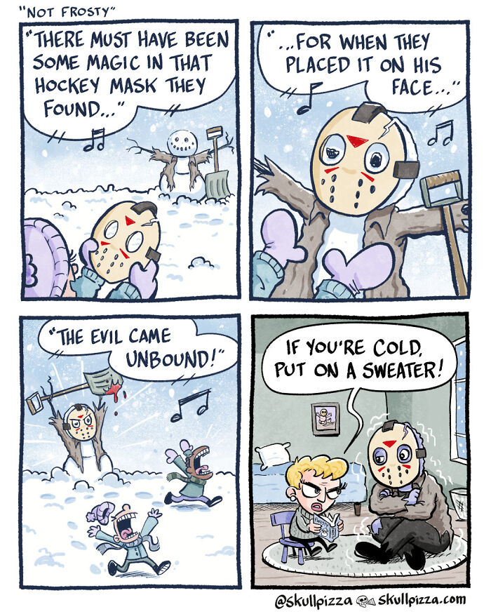Skull Pizza comic featuring a winter scene with a hockey mask character humorously brought to life.