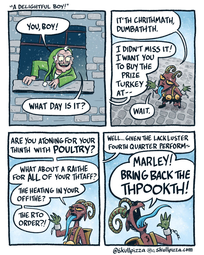 Comic strip with humorous dialogue combining humor and horror, featuring unique "Skull Pizza" characters in a festive setting.