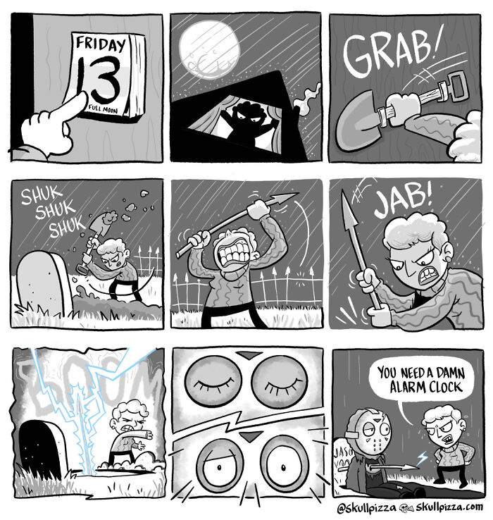 Comic strip with a character digging, spearing a grave, and humorously waking a surprised figure. Features Skull Pizza style.