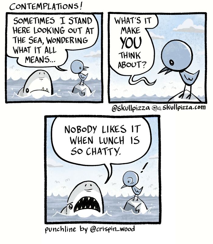 Comic by Skull Pizza featuring a bird discussing life's meaning with a shark in the ocean, adding humor and horror.