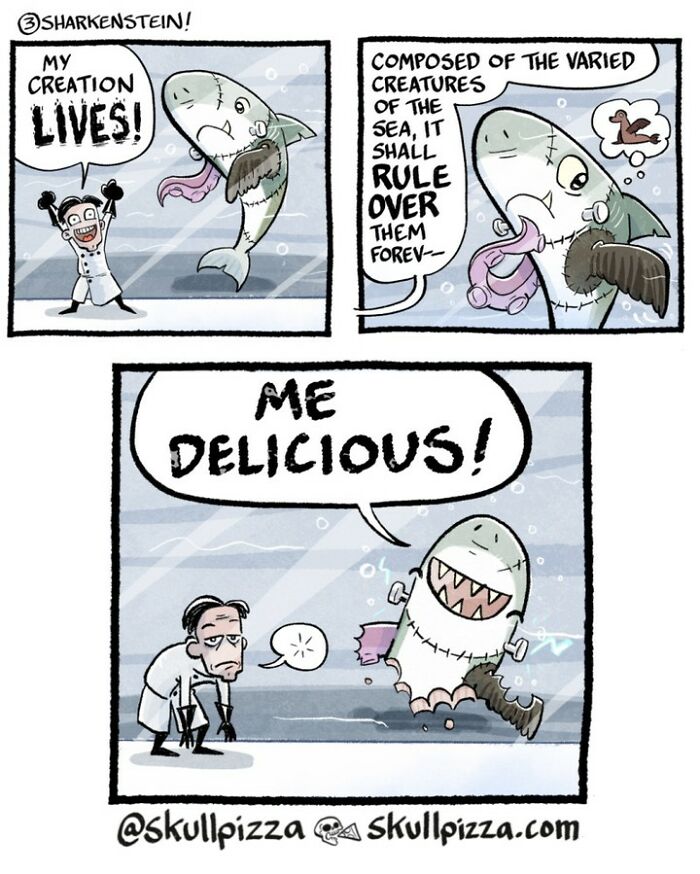 Comic by Skull Pizza showing a mad scientist and a sea creature creation called "Sharkenstein" humorously proclaiming its taste.
