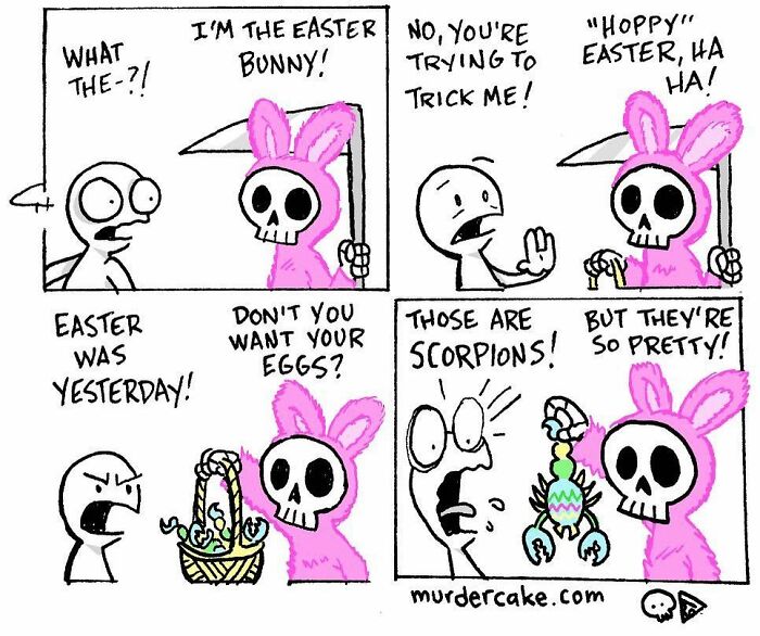 Skull Pizza comic with a skull in a bunny costume and startled characters discussing scorpions in Easter eggs.