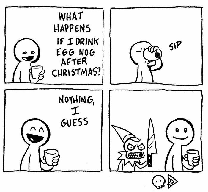 Comic strip with characters pondering effects of post-Christmas eggnog; humor meets horror with a mischievous twist.