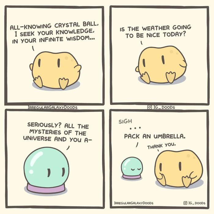 Pastel-colored comic by Irregular Galaxy Doods featuring a character consulting a crystal ball about the weather.