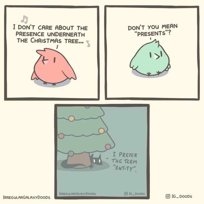 Pastel comic by Irregular Galaxy Doods with witty Christmas dialogue between colorful birds and a hidden presence.