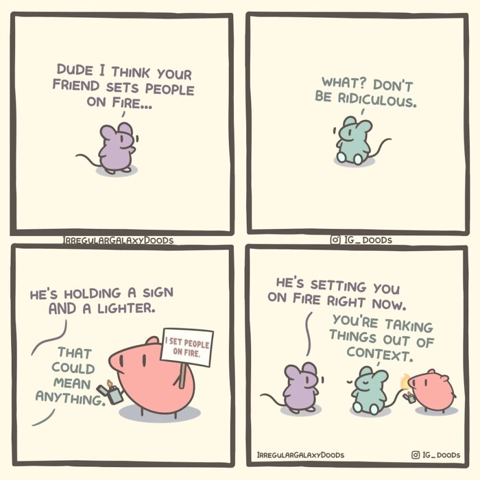 Pastel-colored witty comic by Irregular Galaxy Doods featuring humorous conversation about setting people on fire.