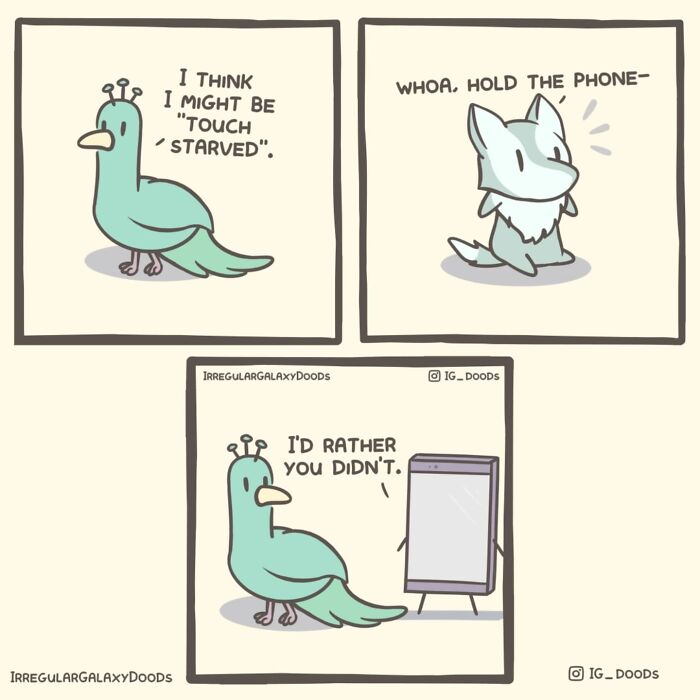 Pastel-colored comic by Irregular Galaxy Doods featuring a bird and a phone with witty dialogue.